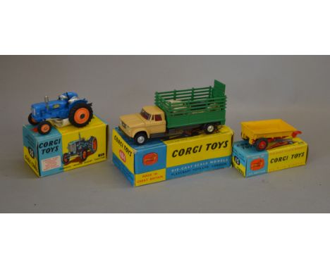 Three boxed Corgi Toys agricultural diecast models, 51 MF Trailer, 55 Fordson Power Major Tractor and 484 Dodge 'Kew Fargo' L