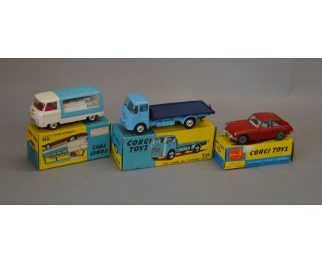 Three boxed Corgi Toys diecast models, 327 MGB GT in red, 457 ERF Platform Lorry and 466 Commer Milk Float. Overall models ap