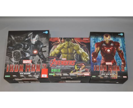 Three Kotobukiya ArtFX Marvel pre-painted model kits: Iron Man 3 War Machine 1:6 scale; Iron Man Mark VII 1:6 scale; Avengers