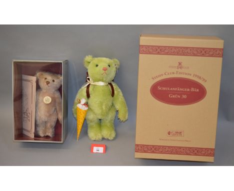 Two Steiff teddy bears: 407154 Teddy Rose 1925; 420139 School Starter Bear, appears unopened. Both in outer cartons. (2)