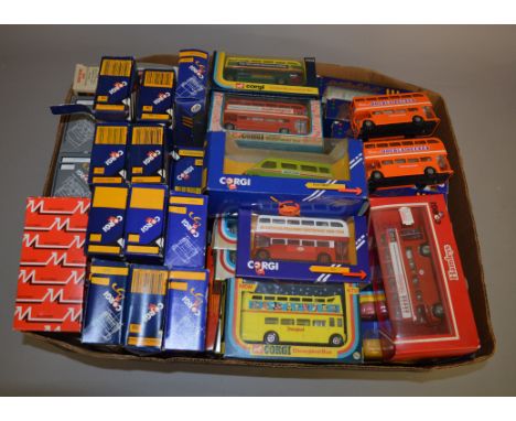 Fifty four boxed Corgi diecast model buses in a various different liveries, including a 'Multipart' and  2 x Lions Club 'Medi