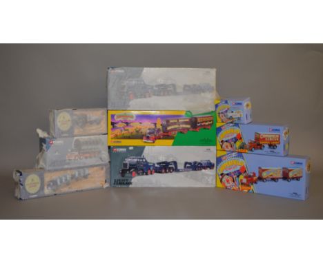 Nine Corgi diecast models, including: two Guinness; three Chipperfields Circus; Showmans Range 15901; two Heavy Haulage Pickf