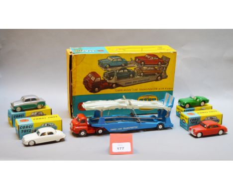 Corgi Toys Gift Set No. 1 Car Transporter, comprising of: Bedford Carrimore Car Transporter with red cab and blue trailer wit