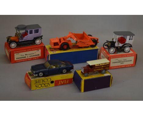 Five boxed diecast models, Matchbox K-6 Earth Scraper, Models of Yesteryear No. 7 Jacobs Biscuits Van, a Mercury #23 Fiat 230