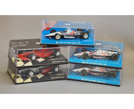 Minichamps. Five diecast model Racing Cars in 1:43 scale including three from the 'Indy Car World Series 1993', a Lola Ford c