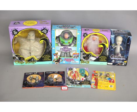 Quantity of toys relating to 1990s animations: three Hasbro Nightmare Before Christmas (Santa hand puppet, Oogie-Boogie, Jack
