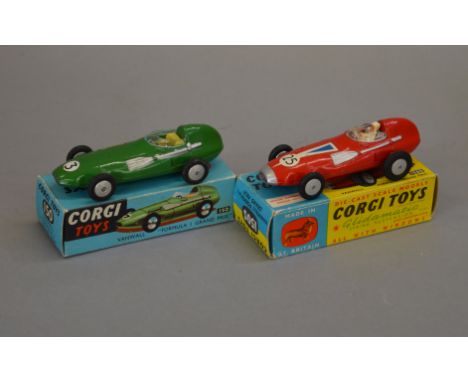Two boxed Corgi Toys Vanwall F1 Grand Prix diecast racing car models, #150 in green RN '3',  G+/VG in G+ blue box and the #15