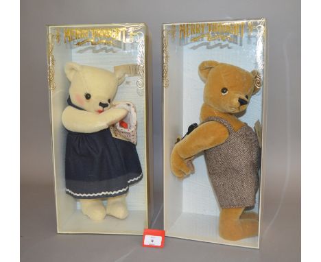 Two Merrythought teddy bears, both 16" tall: AK16GG Master Mischief; AK16IG Miss Mischief. Both have labels, boxed with outer