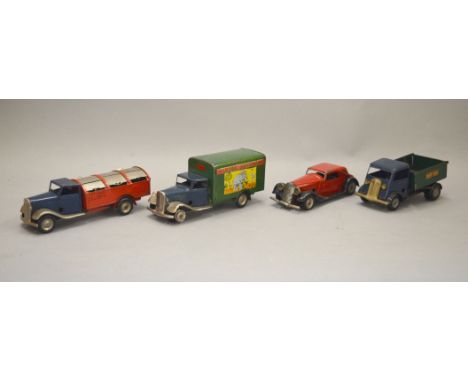 Four unboxed Tri-ang Minic clockwork tinplate vehicles, including long bonnet versions of the Dustcart and Carter Paterson De