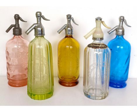 A vintage Schweppes soda syphon and assorted other soda syphons (box) Mostly damaged and with losses