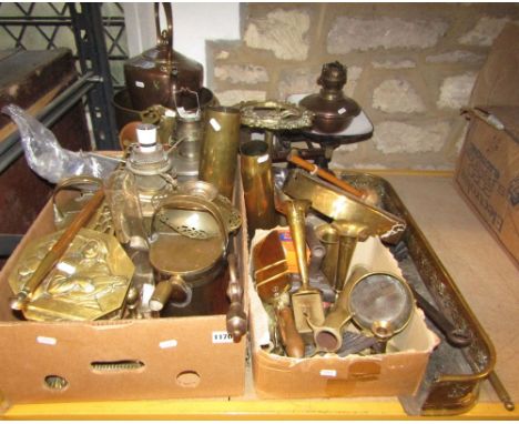 A quantity of miscellaneous 19th century and later copper and brass wares, to include a large copper and brass kettle with ac