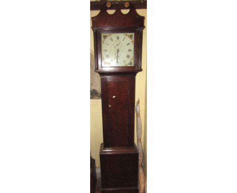 A small Georgian oak longcase clock, the square cut painted dial with 30 hour striking movement and subsidiary calendar and s