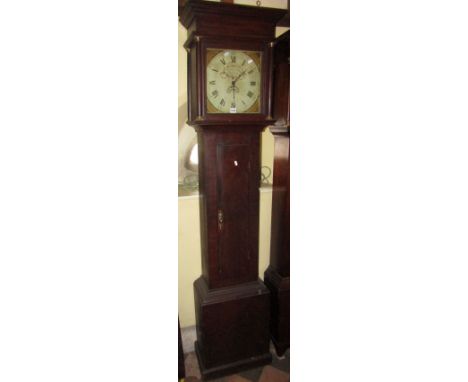 A Georgian longcase clock, the pine case with original simulated mahogany grained moulding, the square cut hood enclosing a s