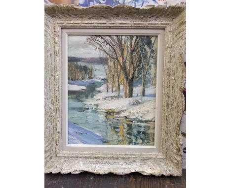 Sydney Berne (Canadian 6.1921) Winter river scene oil on board signed 25 x 20, framed together with a set of three early 20th