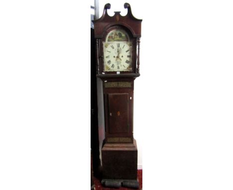 A Regency mahogany longcase clock, the case with trailing inlaid brass bands, the hood with column supports and swan neck fri