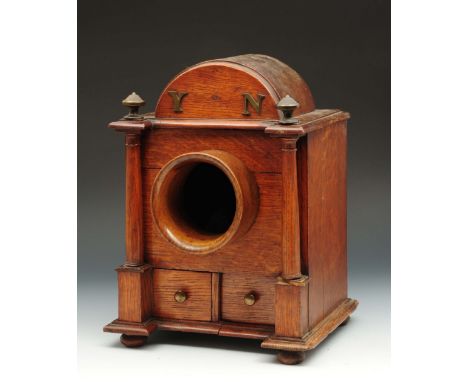 Late 19th century oak ballot box of architectural form, fitted with a brass Y and N with turned pillars and two short drawers