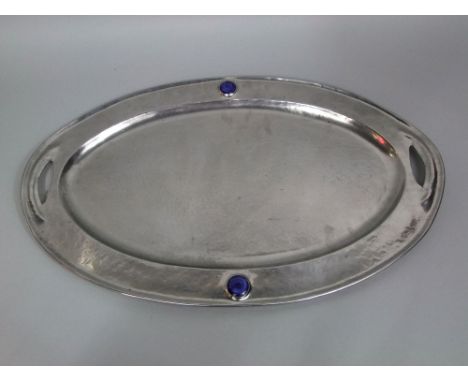 Arts &amp; Crafts Oldbury twin handled tray fitted with two Ruskin type enamel cabochon, 65 cm long
