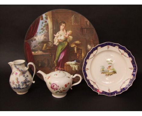 An 18th century Vienna type teapot and cover with painted floral sprigs and sprays and with blue shield mark to base (cover p