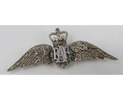 A 9ct white gold RAF brooch decorated with enamel and rose cut diamonds, 4.1cm approx, 3.7g