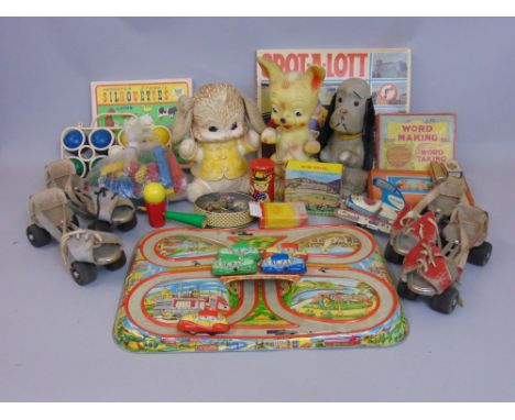 A Technofix printed tin car race game, circa 1960 together with a quantity of further miscellaneous toys including Sweep, Sur