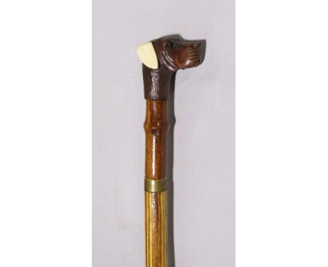 Interesting exotic timber turned walking stick with carved spaniel head finial with glass eyes