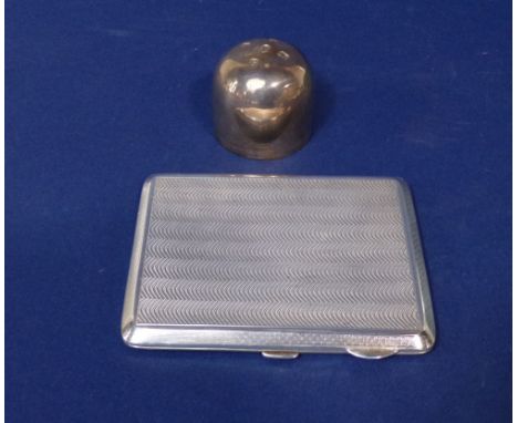 Mid 20th century engine turned silver cigarette case, 11 cm long together with a further cast silver topped cup, 7.5 oz appro