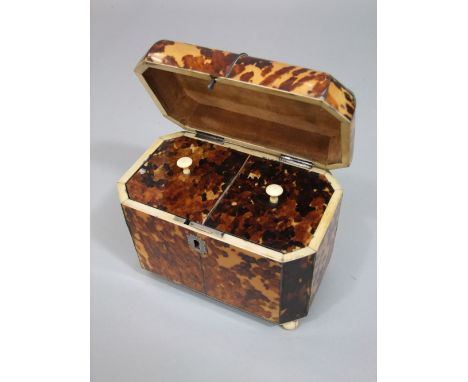 Georgian tortoiseshell tea caddy rectangular with canted corners, with wirework panels, raised on turned ivory ball feet with