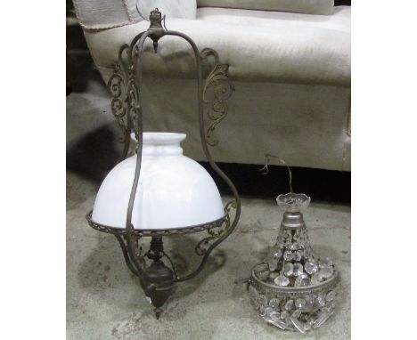 One lot of various lighting to include hanging ceiling examples with milk glass shades, wall lights, etc
