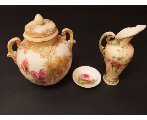 A collection of Royal Worcester wares comprising a two handled vase and cover with chrysanthemum decoration in pink and yello