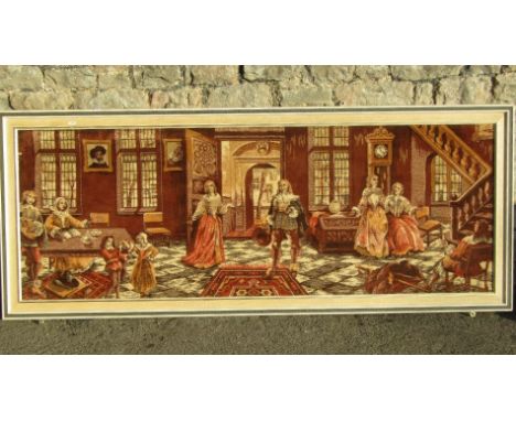 A machine woven tapestry style panel of a 17th century interior scene with moulded frame