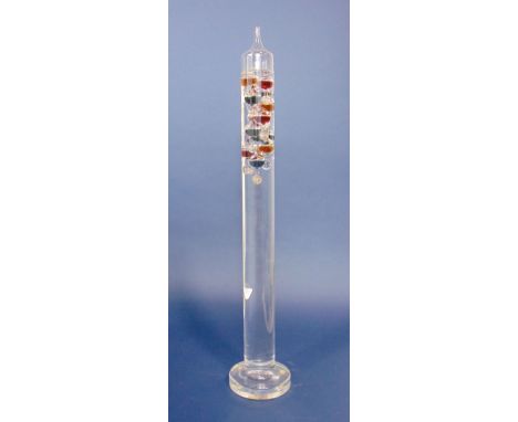 Interesting Galileo glass thermometer fitted with various smaller glass balls, filled with coloured liquid with temperatures 