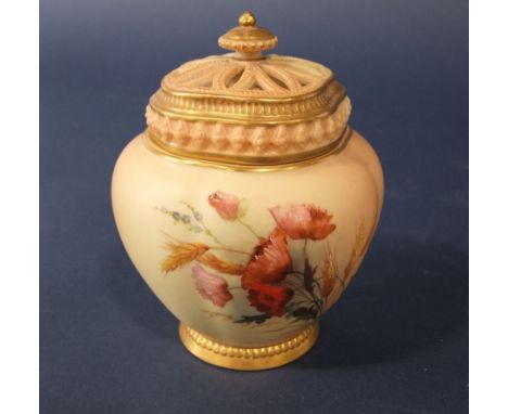 A Royal Worcester blush ivory pot pourri vase and pierced cover, with painted decoration of poppies and wheat-ears and fitted