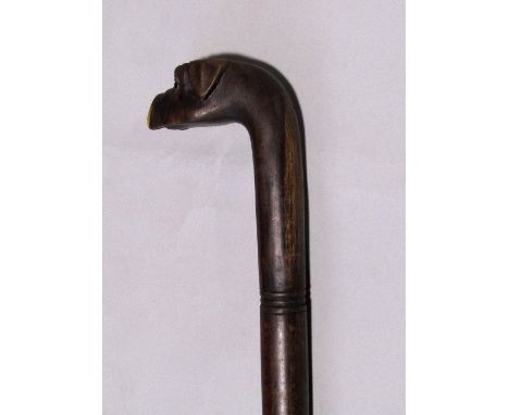 Single piece carved hardwood walking cane with bulldog head finial with glass eyes