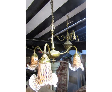 A three branch brass hanging ceiling light with tapered stem and central bun support, mottled glass and crimped colourful sha