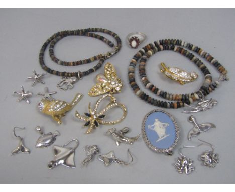 Costume jewellery to include a quantity of marine themed charms, earrings and pendants, a silver ring set with an opal and ga