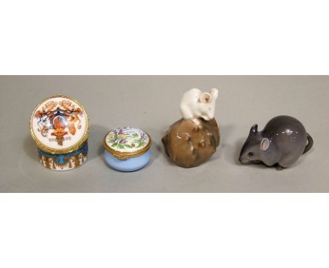Two Royal Copenhagen models of mice, a Staffordshire enamel pill box with a painted wild flower detail, a boxed Royal Collect