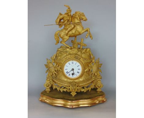 French gilt spelter figural mantle clock mounted by a medieval soldier on horseback over a single train 8 cm enamelled dial u