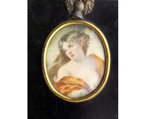 19th century school - Miniature portrait of oval form showing a young woman in classical style draperies with pearl headdress