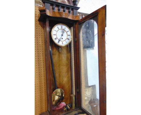 Biedermier type Vienna regulator wall clock, the single train dial with enamel chapter ring, painted with Roman numerals with