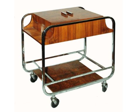 A high quality art deco drinks trolley, with chromium plated frame, enclosing walnut and figured walnut panels, the foldover 