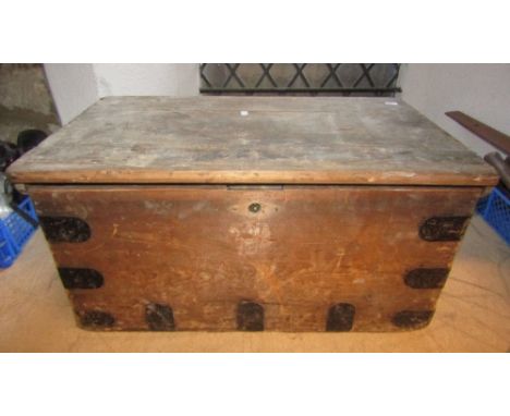 A small 19th century pine box with hinged lid, the contents to include a pair of vintage boxed ice skate blades with printed 