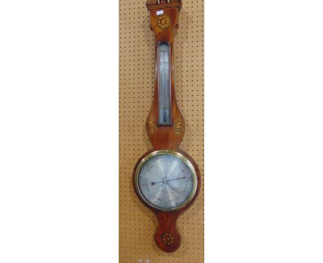 Early 20th century flame mahogany and boxwood inlaid barometer with silvered plates signed J Spelzini, 97 cm long