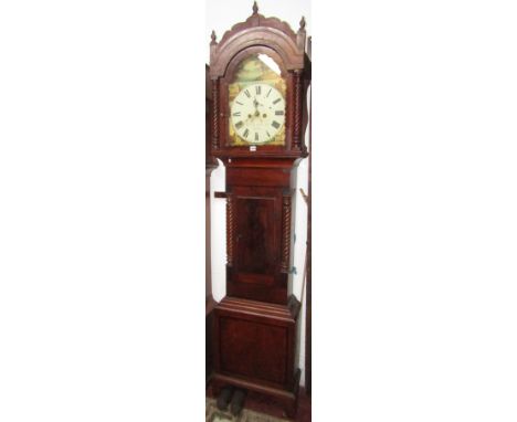 A 19th century mahogany longcase clock with spiral column supports beneath an arched frieze, enclosing a broken arch painted 