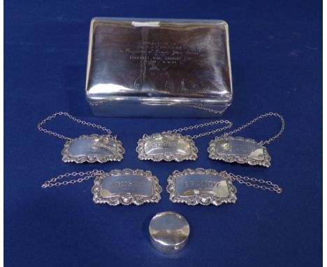 Five silver decanter labels to include brandy, gin, whisky and sherry x 2; together with a further silver pill box and silver