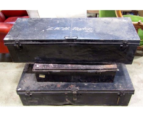 A vintage Japanned tin officers uniform trunk, with painted lettering to lid, CMDR LW H Taylor RN, together with two others