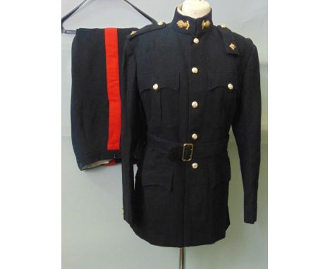 Military dress uniform Royal Engineers dated 1956, Navy jacket, trousers with red stripe and belt with associated photograph