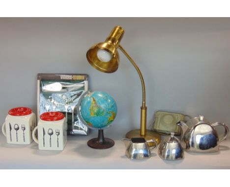 A box of interesting items to include a collection of Bristol Long Line Kitchen ware, a miniature Chad Valley type globe, an 