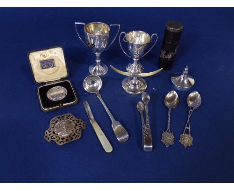 A mixed collection of silver to include to twin handled trophies, pair of sugar nips, sauce ladle, two novelty spoons, a silv