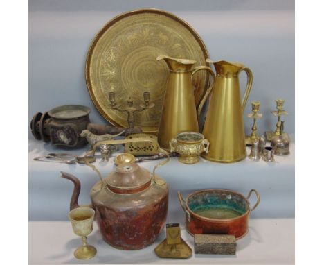 Large collection of miscellaneous items to include a wooden trunk filled with various metal ware to include copper jugs, a la