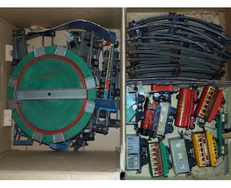 Hornby 0 gauge railway items, engine and fender, three pullman  carriages Aurelia, Viking, Marjorie, various LMS wagons BP ta